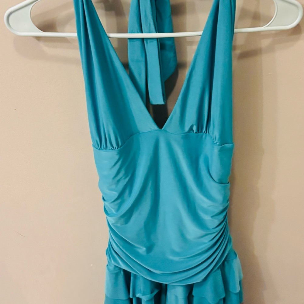 Windsor Turquoise Halter Ruched Mini Dress